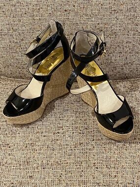 Michael Kors Black Patent Espadrille Platform Wedge Sandals